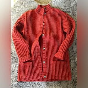 Calvin Klein Vtg Sweater Jacket ButtonBrick Red Wool Hand Knit Ribbed Size M